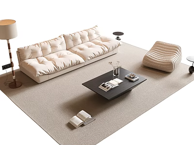 Modern White Sofa And Coffee Table Set With Textured Ottoman Floor Lamp And Light Carpet 3d model