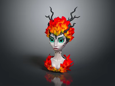 Game Movie Character With Flame Decorated Headpiece Twig Horns And Green Eyes 3d model