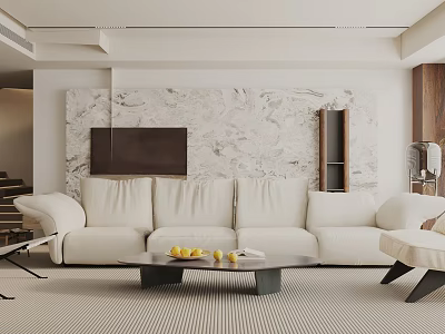 Modern Living Room Interior Design With White Sofa Marble Wall TV And Coffee Table Fruits 3d model