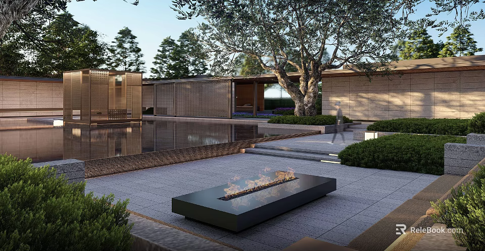Modern Garden Landscape With Reflecting Pool Fire Pit Lush Greenery And Trees 3d model 
