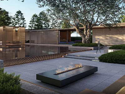 Modern Garden Landscape With Reflecting Pool Fire Pit Lush Greenery And Trees 3d model