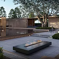 Modern Garden Landscape With Reflecting Pool Fire Pit Lush Greenery And Trees