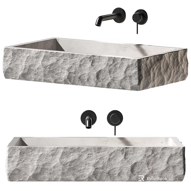 Textured Stone Washbasin Design with Modern Black Faucets and Minimalist Style 3d model 