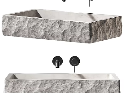 Textured Stone Washbasin Design with Modern Black Faucets and Minimalist Style 3d model