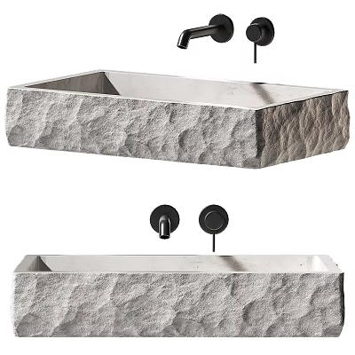 Textured Stone Washbasin Design with Modern Black Faucets and Minimalist Style 3d model