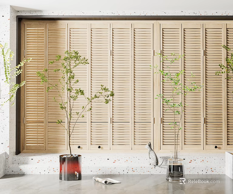 Bonsai Potted Plants On Decorative Countertop With Wooden Shutter Background And Fresh Green Leaves 3d model 