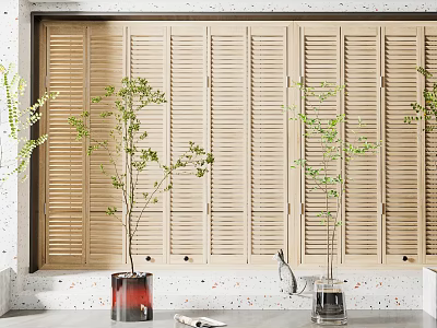 Bonsai Potted Plants On Decorative Countertop With Wooden Shutter Background And Fresh Green Leaves 3d model