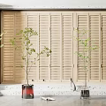 Bonsai Potted Plants On Decorative Countertop With Wooden Shutter Background And Fresh Green Leaves