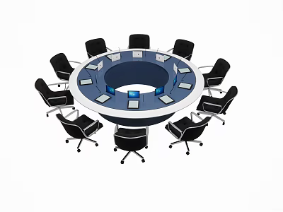 Round Conference Table With Surrounding Office Chairs And Tablet Screens 3d model
