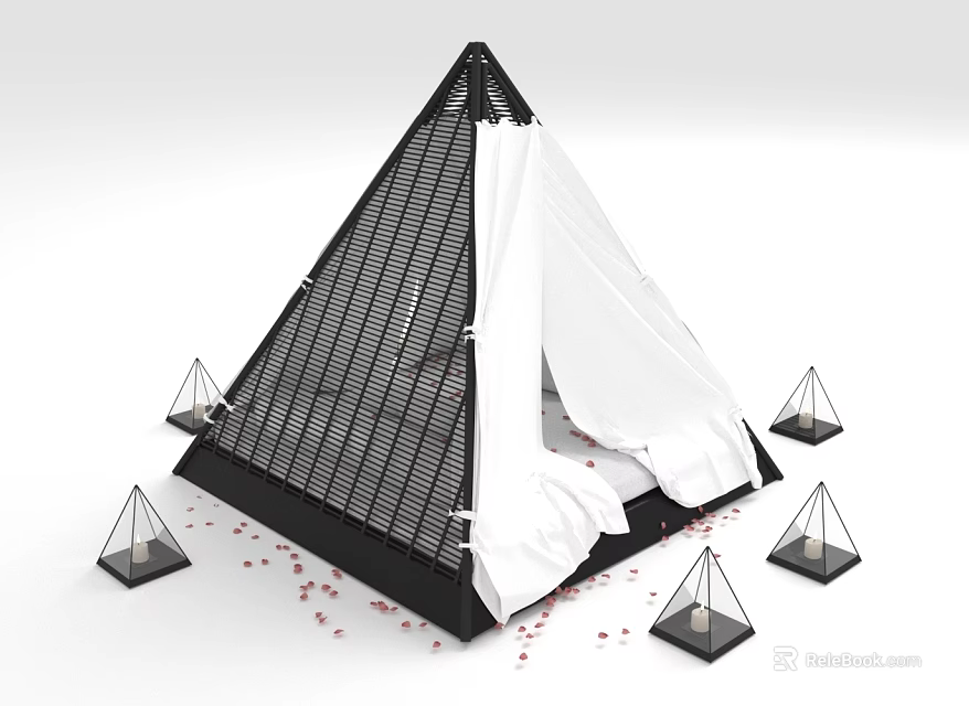 Pyramid Shaped Furniture With Black Frame White Curtain Small Pyramids And Red Decorations Around 3d model 