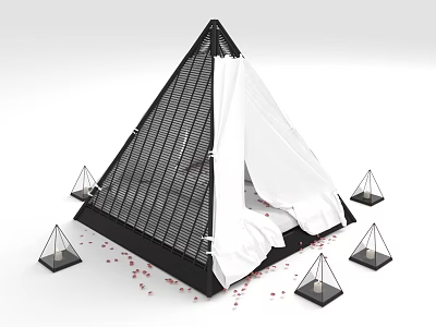 Pyramid Shaped Furniture With Black Frame White Curtain Small Pyramids And Red Decorations Around 3d model
