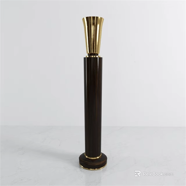 Modern Floor Lamp With Golden Top And Dark Wooden Column Design 3d model 