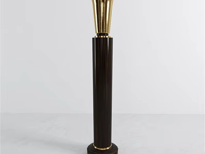 Modern Floor Lamp With Golden Top And Dark Wooden Column Design 3d model