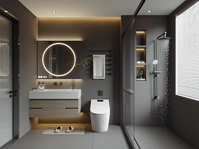 Modern Bathroom Interior Design With Round Backlit Mirror Smart Toilet And Shower Area 3d model