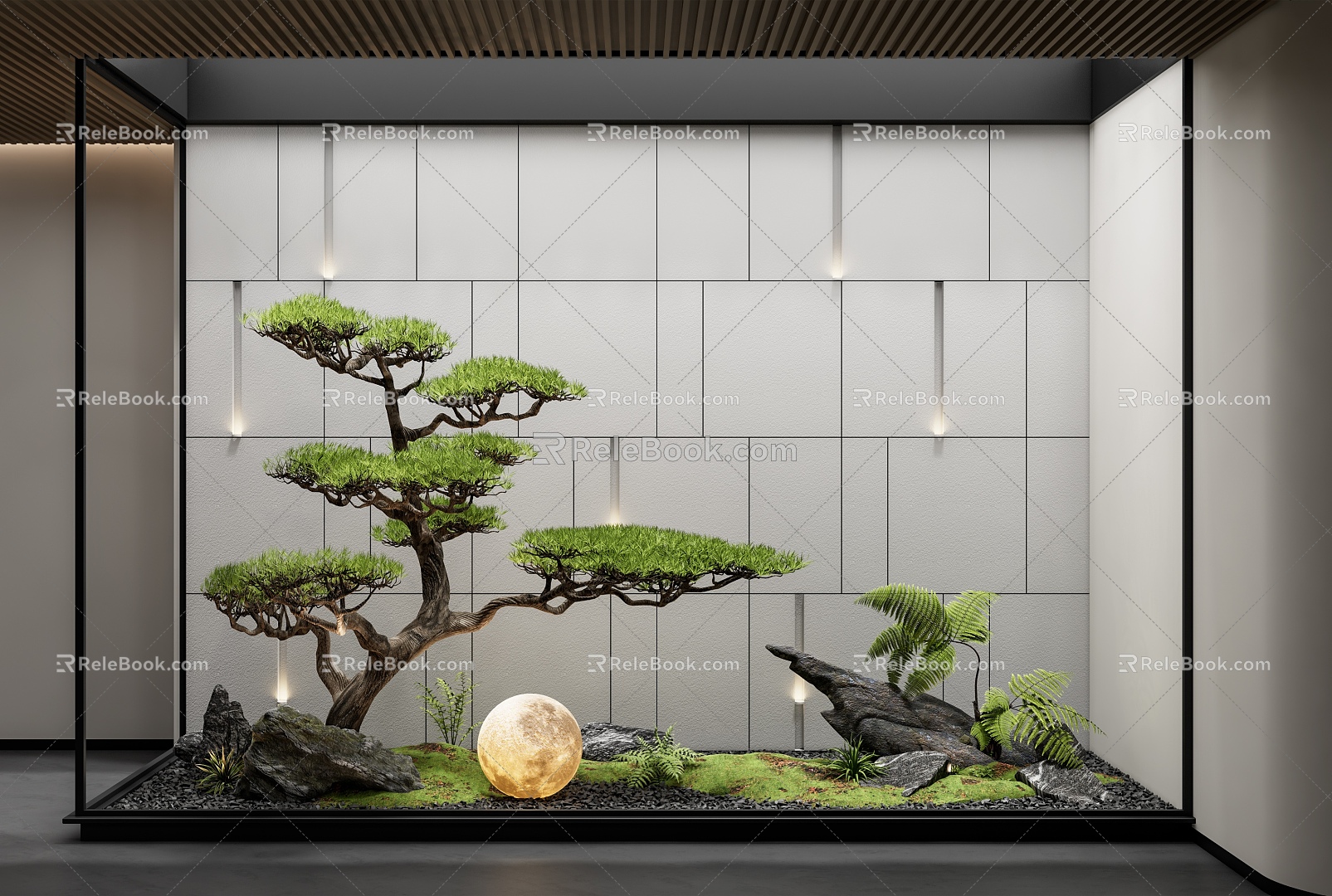 New Chinese Style Indoor Landscape Landscaping Courtyard Sick Plant Combination Stone Moon Light Pine Tree Indoor Landscaping 3d model