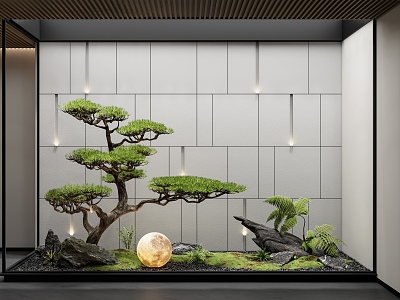 New Chinese Style Indoor Landscape Landscaping Courtyard Sick Plant Combination Stone Moon Light Pine Tree Indoor Landscaping 3d model