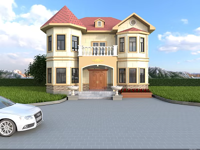 Elegant Detached Villa With Red Roof Beige Exterior White Trim Steps Lawn And Mountain View 3d model