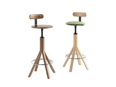 Modern Bar Stools With Wooden Frame Green Padded Seat Tripod Base And Metal Footrest 3d model