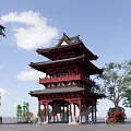 Chinese-style ancient building across the street 3d model