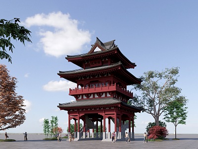 Chinese-style ancient building across the street 3d model