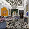 Luxurious KTV Interior With Chandelier Sofa Patterned Carpet And Mural TV