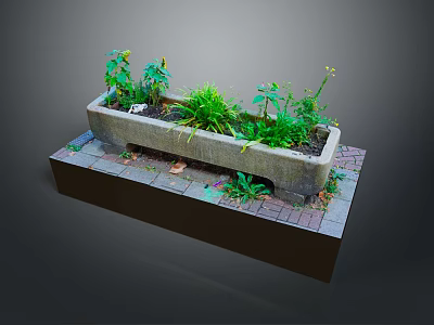 Green Plants In Rectangular Stone Planter With Brick Base And Mixed Heights 3d model