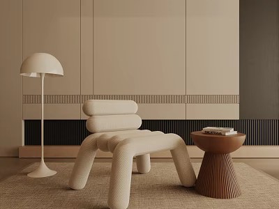 Modern Beige Fabric Leisure Chair With Small Brown Table Floor Lamp And Beige Wall Carpet 3d model