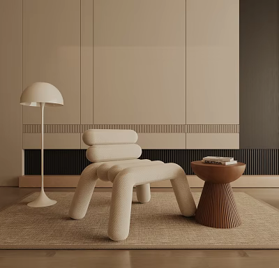 Modern Beige Fabric Leisure Chair With Small Brown Table Floor Lamp And Beige Wall Carpet 3d model