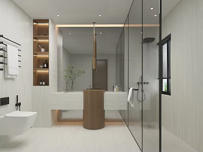 Modern Bathroom Interior Design With Glass Shower Wooden Vanity And Marble Countertop 3d model