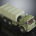 Green Military Truck With Canvas Covered Cargo Bed And Six Wheel Structure