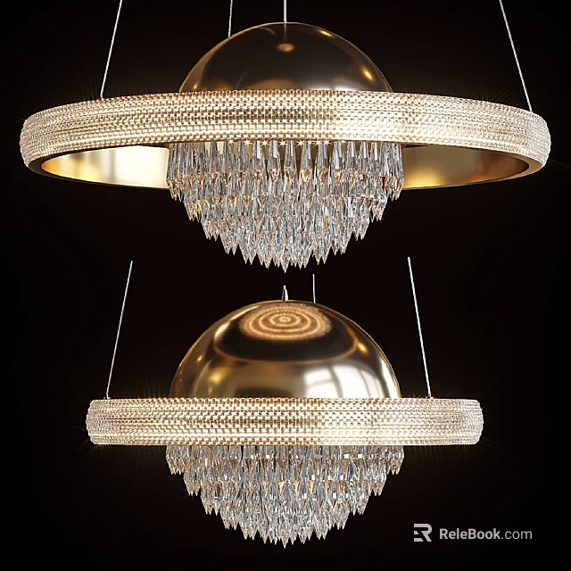 Luxury Gold Round Chandelier with Hanging Crystal Pendants and Decorative Metal Frames 3d model 