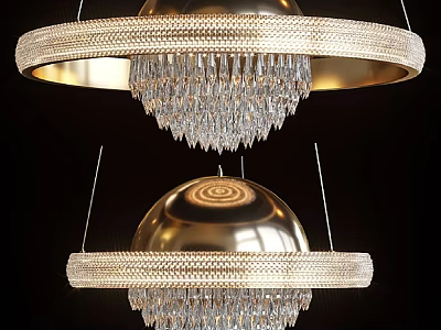 Luxury Gold Round Chandelier with Hanging Crystal Pendants and Decorative Metal Frames 3d model