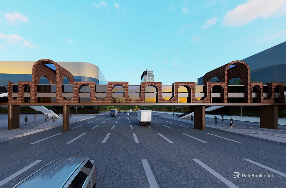 Modern Brick Arched Bridge Connecting Buildings Over City Road with Cars and Pedestrians 3d model 