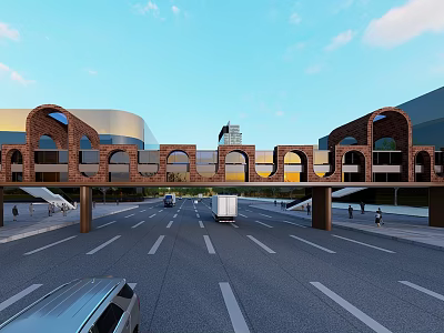Modern Brick Arched Bridge Connecting Buildings Over City Road with Cars and Pedestrians 3d model