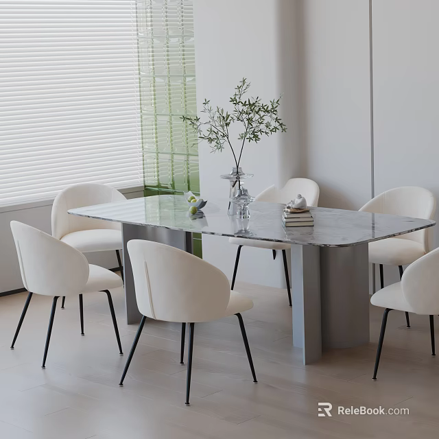 Modern Minimalist Dining Table Set With Marble Top White Chairs And Olive Branch Plant 3d model 