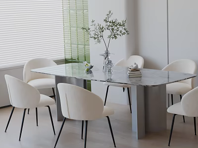 Modern Minimalist Dining Table Set With Marble Top White Chairs And Olive Branch Plant 3d model