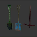 Set of Three Hardware Tools Including Blue Shovel Rustic Shovel and Red Hoe