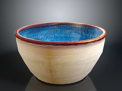 Glossy Ceramic Bowl With Cream Exterior Blue Interior And Red Rim 3d model