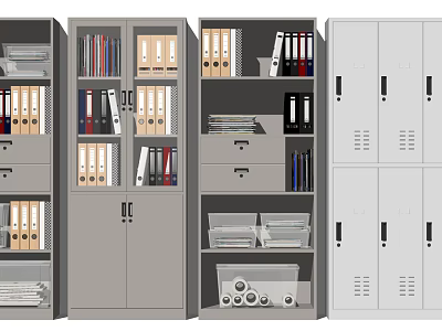 Multiple Bookcase Designs With Storage Drawers File Folders And Closed Cabinets 3d model