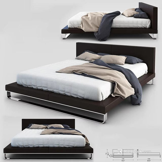 Modern Double Bed With Leather Headboard Dark Frame White Mattress And Colored Bedding 3d model 