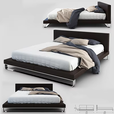 Modern Double Bed With Leather Headboard Dark Frame White Mattress And Colored Bedding 3d model