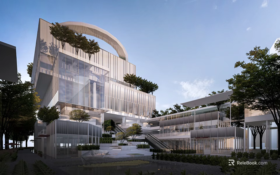 Modern Office Building With Glass Facade Green Roof And Open Space Design 3d model 