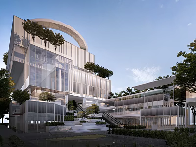 Modern Office Building With Glass Facade Green Roof And Open Space Design 3d model