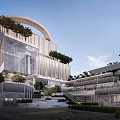 Modern Office Building With Glass Facade Green Roof And Open Space Design