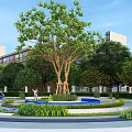 Park Landscape With Circular Design Central Tree Multi Level Platforms Blue Gray Elements And Greenery 3d model