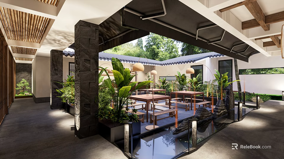 Modern Restaurant Outdoor Courtyard With Green Plants Water Feature And Wooden Tables 3d model 