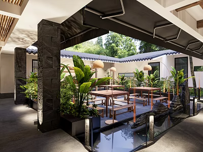 Modern Restaurant Outdoor Courtyard With Green Plants Water Feature And Wooden Tables 3d model