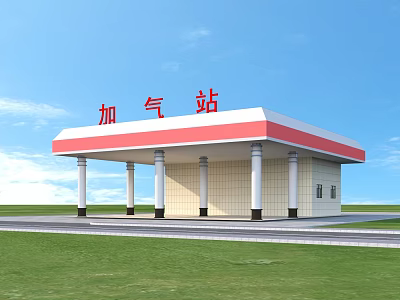 Gas Station Exterior With Red And White Roof Columns And Green Lawn 3d model