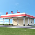 Gas Station Exterior With Red And White Roof Columns And Green Lawn