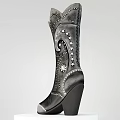 Black Leather Cowboy Boots With High Shaft Stars Spiral Design And Pearl Studs
